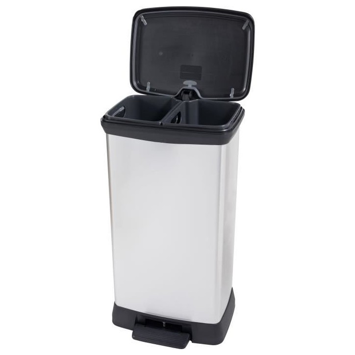 Poubelle Duo Rectangle - DECO BIN - CURVER - 46L (23+23L) - Double compartiment - 39 x 29 x 72 cm - Gris métallisé Poubelle Duo Rectangle - DECO BIN - CURVER - 46L (23+23L) - Double compartiment - 39 x 29 x 72 cm - Gris métallisé