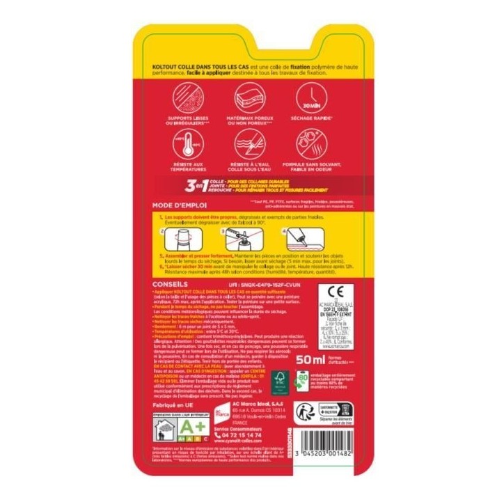 Colle de fixation et d'étanchéité - CYANOLIT - Blanc - Blister 50ml - Pratique pour petites réparations - Polyvalente et ré Colle de fixation et d'étanchéité - CYANOLIT - Blanc - Blister 50ml - Pratique pour petites réparations - Polyvalente et ré
