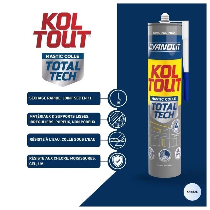 Colle de fixation et d'étanchéité - CYANOLIT - Total tech - Gris - Cartouche 290 ml - Multi-matériaux - Résistant et flexib