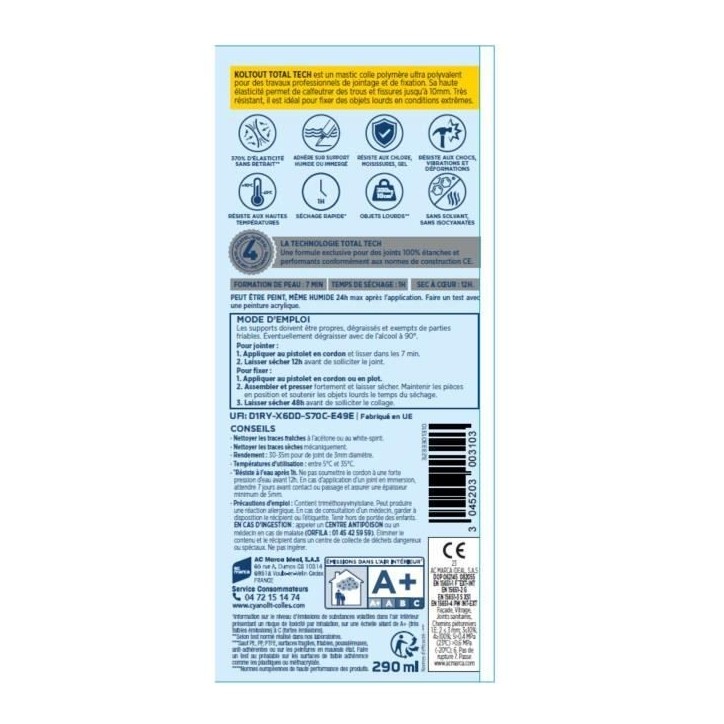 Colle de fixation et d'étanchéité - CYANOLIT - Total tech - Noir - Cartouche 290 ml - Polyvalente - Haute résistance et flex Colle de fixation et d'étanchéité - CYANOLIT - Total tech - Noir - Cartouche 290 ml - Polyvalente - Haute résistance et flex