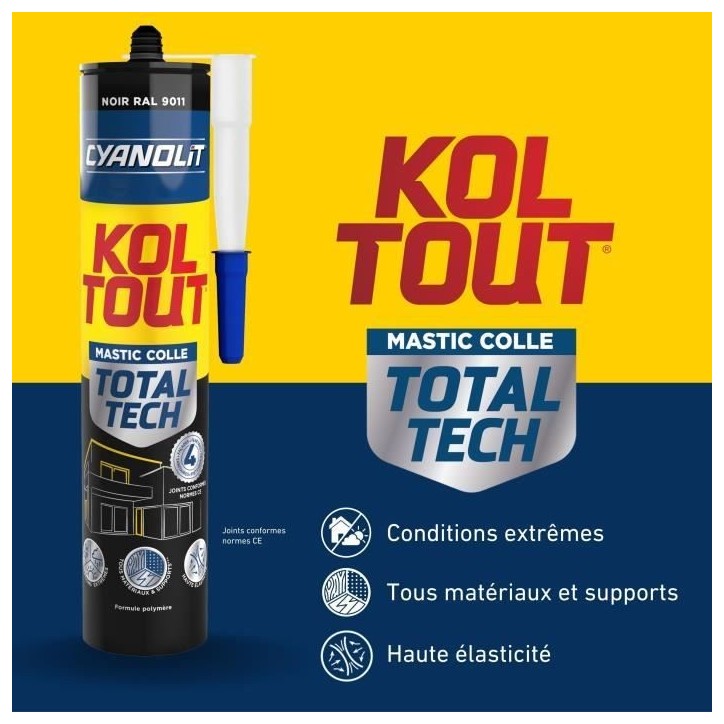 Colle de fixation et d'étanchéité - CYANOLIT - Total tech - Noir - Cartouche 290 ml - Polyvalente - Haute résistance et flex Colle de fixation et d'étanchéité - CYANOLIT - Total tech - Noir - Cartouche 290 ml - Polyvalente - Haute résistance et flex