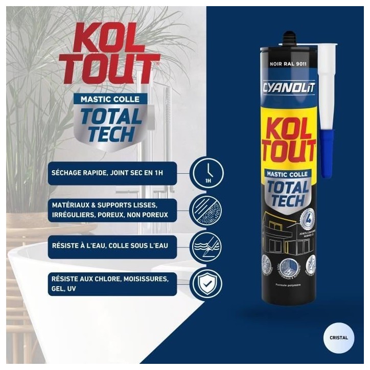 Colle de fixation et d'étanchéité - CYANOLIT - Total tech - Noir - Cartouche 290 ml - Polyvalente - Haute résistance et flex Colle de fixation et d'étanchéité - CYANOLIT - Total tech - Noir - Cartouche 290 ml - Polyvalente - Haute résistance et flex