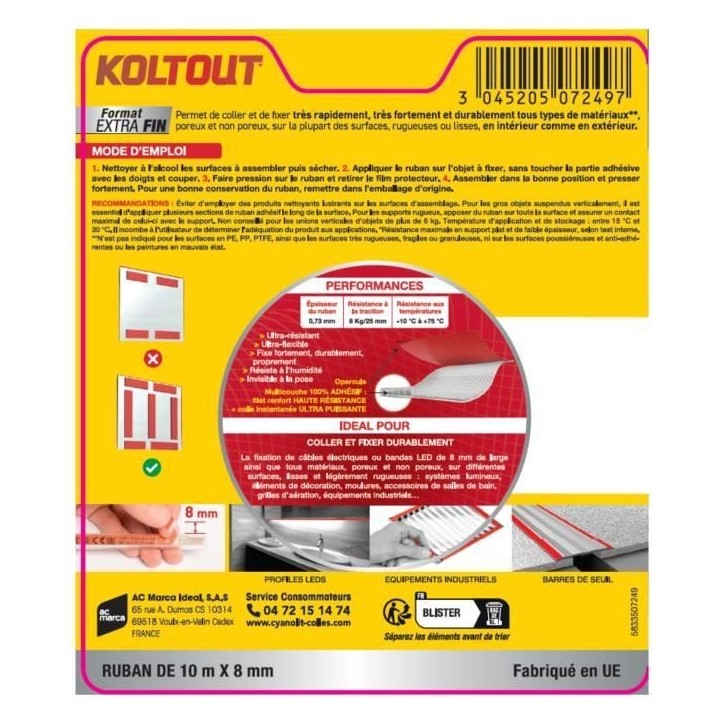 Ruban adhésif double face - CYANOLIT - Ruban extra fin - Ultra fin - Haute adhérence - Discret et résistant Ruban adhésif double face - CYANOLIT - Ruban extra fin - Ultra fin - Haute adhérence - Discret et résistant