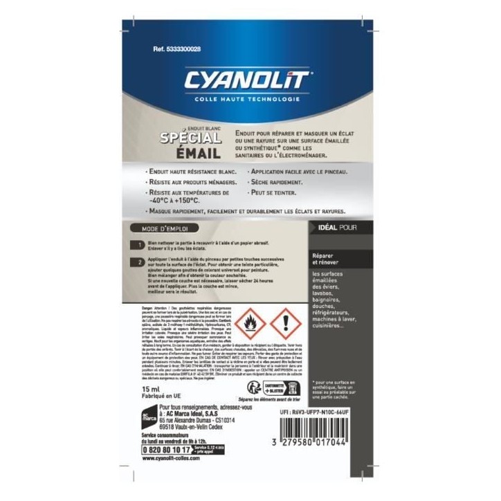 Enduit spécial email - CYANOLIT - 15 ml - Réparation et finition de surfaces émaillées Enduit spécial email - CYANOLIT - 15 ml - Réparation et finition de surfaces émaillées