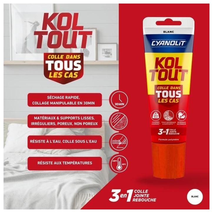 Colle de fixation et d'étanchéité - CYANOLIT - Blanc - Tube 125 ml - Polyvalente - Haute résistance et flexible Colle de fixation et d'étanchéité - CYANOLIT - Blanc - Tube 125 ml - Polyvalente - Haute résistance et flexible