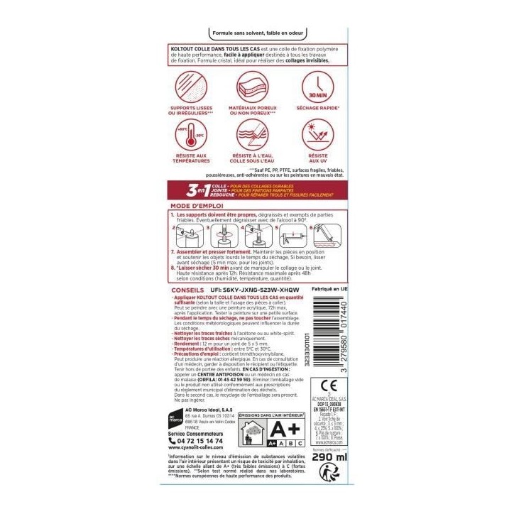 Colle de fixation et d'étanchéité - CYANOLIT - Cristal - Cartouche 290 ml - Transparent - Polyvalente, résistante et flexibl Colle de fixation et d'étanchéité - CYANOLIT - Cristal - Cartouche 290 ml - Transparent - Polyvalente, résistante et flexibl