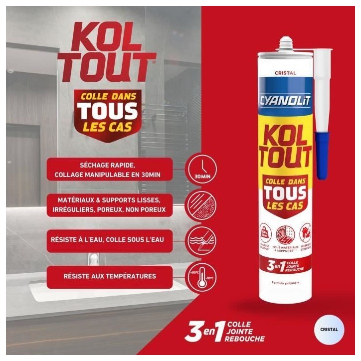 Colle de fixation et d'étanchéité - CYANOLIT - Cristal - Cartouche 290 ml - Transparent - Polyvalente, résistante et flexibl Colle de fixation et d'étanchéité - CYANOLIT - Cristal - Cartouche 290 ml - Transparent - Polyvalente, résistante et flexibl