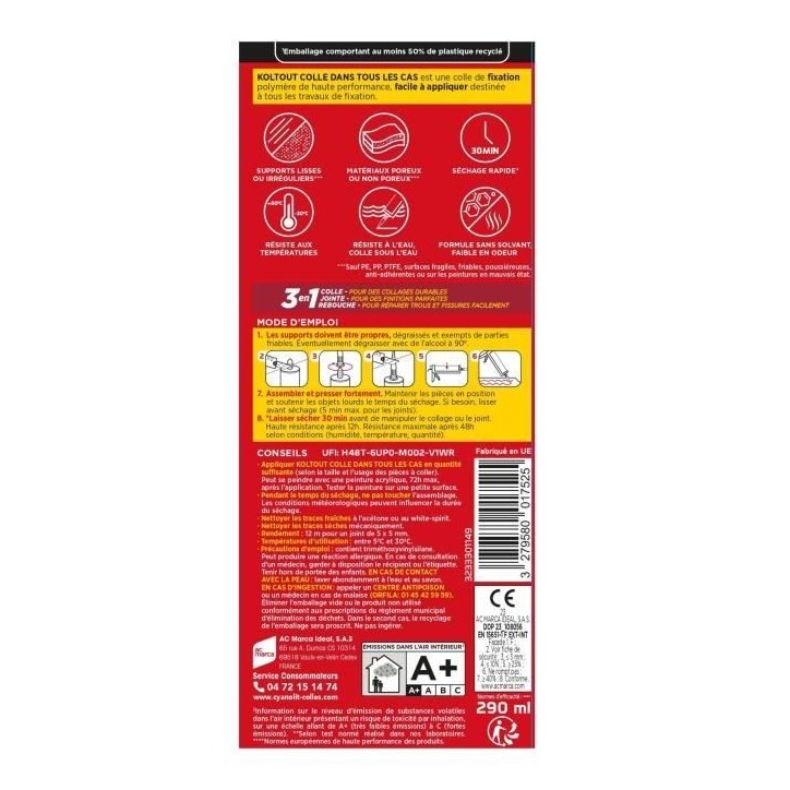 Colle de fixation et d'étanchéité - CYANOLIT - Blanc - Cartouche 290 ml - Polyvalente - Résistant et flexible