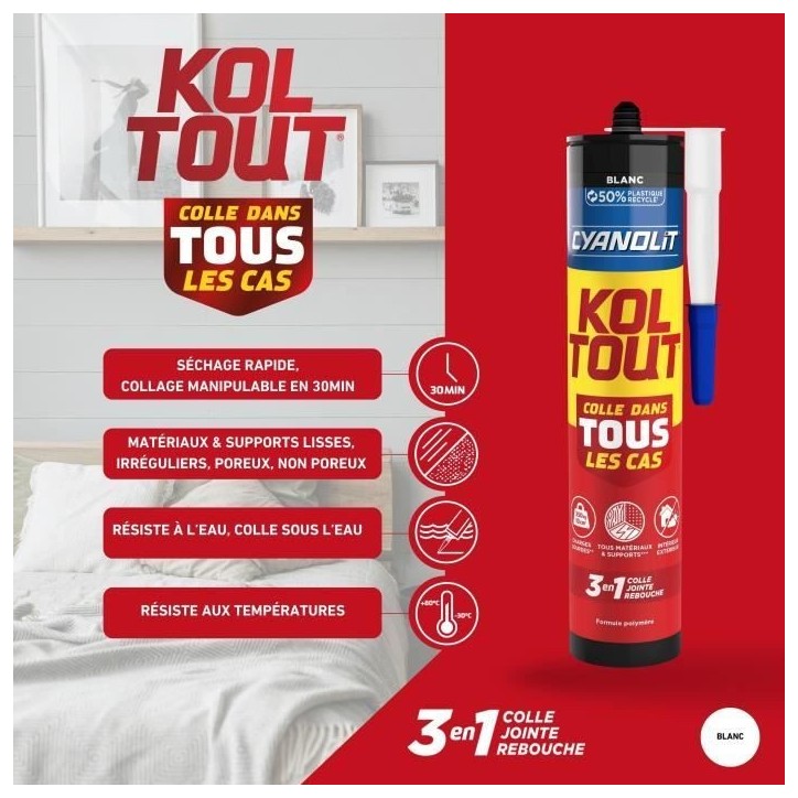 Colle de fixation et d'étanchéité - CYANOLIT - Blanc - Cartouche 290 ml - Polyvalente - Résistant et flexible