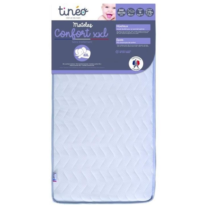 Matelas Bébé Confort XXL TINEO 60x120x15cm - Sans Traitement - Fabriqué En France - Garantie 2 Ans Matelas Bébé Confort XXL TINEO 60x120x15cm - Sans Traitement - Fabriqué En France - Garantie 2 Ans