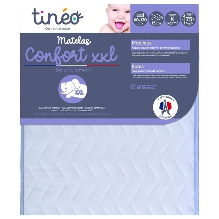 Matelas Bébé Confort XXL TINEO 60x120x15cm - Sans Traitement - Fabriqué En France - Garantie 2 Ans Matelas Bébé Confort XXL TINEO 60x120x15cm - Sans Traitement - Fabriqué En France - Garantie 2 Ans
