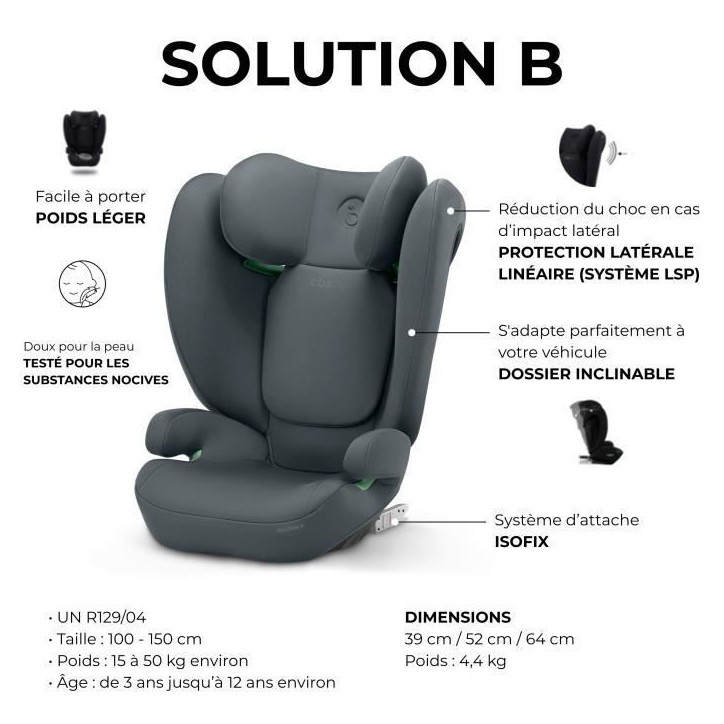 Siege auto CBX by CYBEX SOLUTION B I-FIX 3 a 12 ans - Groupe 2/3 - 100 a 150 cm Grey | grey