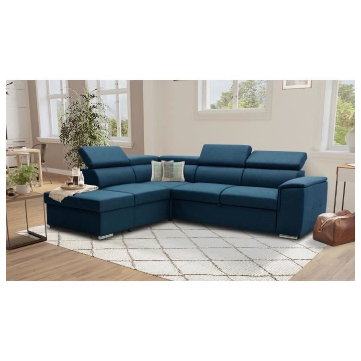 Canapé d'angle convertible réversible avec coffre - 5 places - DAYTONA - Tissu bleu - 260 x 94 x 216 cm Canapé d'angle convertible réversible avec coffre - 5 places - DAYTONA - Tissu bleu - 260 x 94 x 216 cm