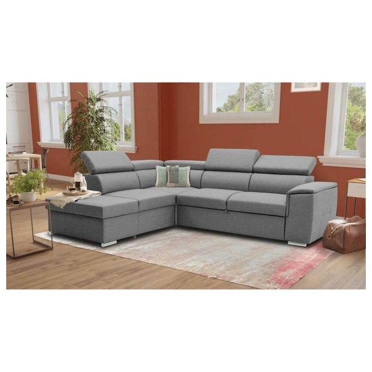 Canapé d'angle convertible réversible avec coffre - 5 places - DAYTONA - Tissu gris - 260 x 77 / 94 x 216 cm Canapé d'angle convertible réversible avec coffre - 5 places - DAYTONA - Tissu gris - 260 x 77 / 94 x 216 cm