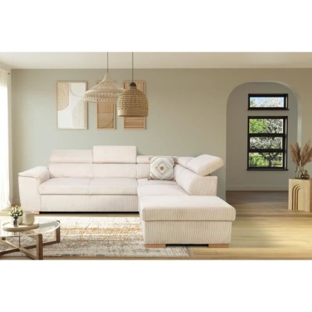 Canapé d'angle convertible réversible 5 places DAYTONA - Velours côtelé beige - Coffre de rangement - L 260 x H 94 x P 216 c