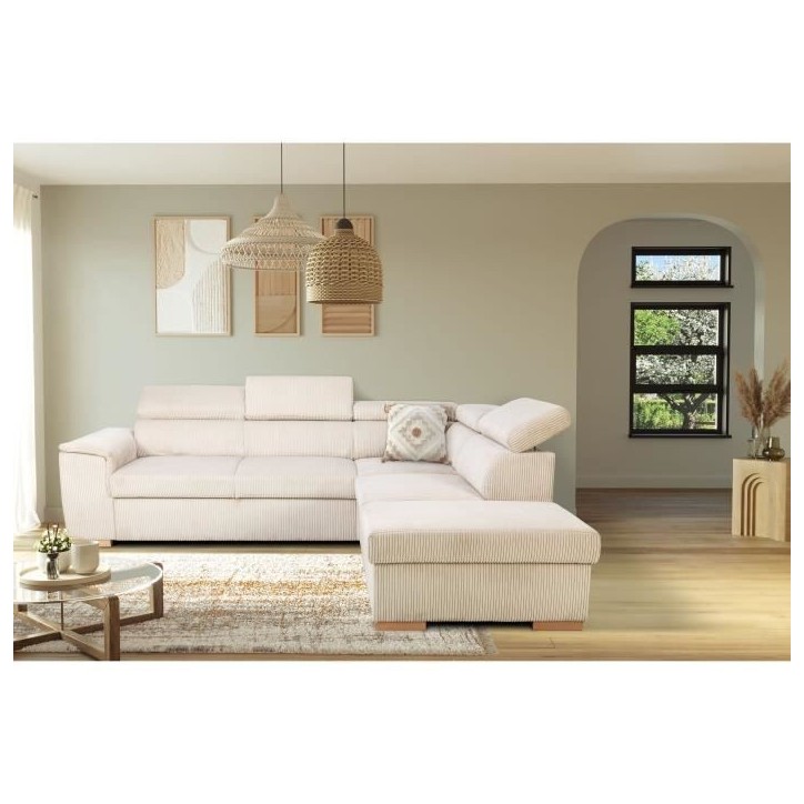Canapé d'angle convertible réversible 5 places DAYTONA - Velours côtelé beige - Coffre de rangement - L 260 x H 94 x P 216 c Canapé d'angle convertible réversible 5 places DAYTONA - Velours côtelé beige - Coffre de rangement - L 260 x H 94 x P 216 c