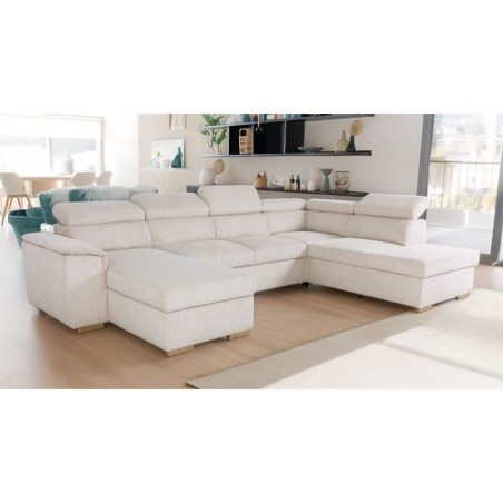 Canapé d'angle convertible panoramique 5 a 6 places DAYTONA - Tissu Lincoln pearl - Avec coffre - L 326 x H 94 x P 216 cm