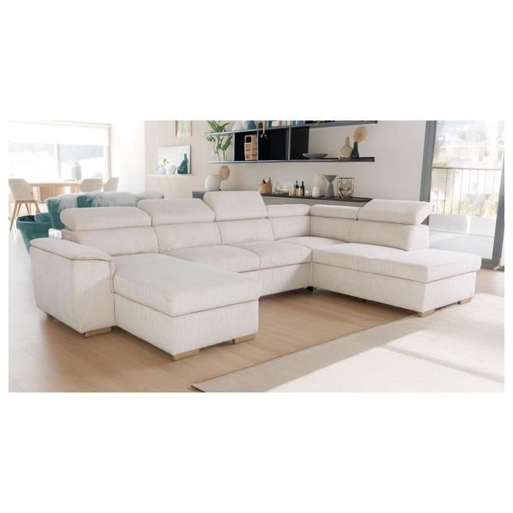 Canapé d'angle convertible panoramique 5 a 6 places DAYTONA - Tissu Lincoln pearl - Avec coffre - L 326 x H 94 x P 216 cm Canapé d'angle convertible panoramique 5 a 6 places DAYTONA - Tissu Lincoln pearl - Avec coffre - L 326 x H 94 x P 216 cm