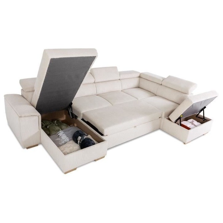 Canapé d'angle convertible panoramique 5 a 6 places DAYTONA - Tissu Lincoln pearl - Avec coffre - L 326 x H 94 x P 216 cm Canapé d'angle convertible panoramique 5 a 6 places DAYTONA - Tissu Lincoln pearl - Avec coffre - L 326 x H 94 x P 216 cm
