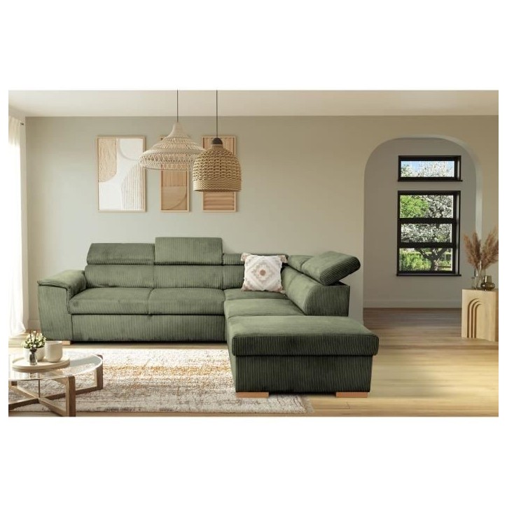 Canapé d'angle convertible réversible - 5 places - DAYTONA - Velours Kaki - Coffre de rangement - L260 x H94 x P216 cm Canapé d'angle convertible réversible - 5 places - DAYTONA - Velours Kaki - Coffre de rangement - L260 x H94 x P216 cm