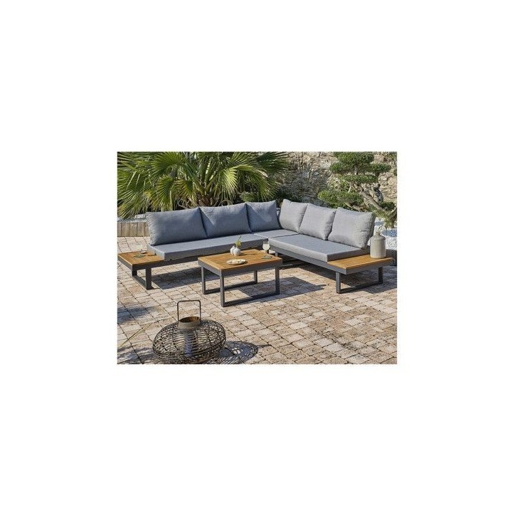 Salon bas de jardin - Aluminium - DCB GARDEN - 5 places - Gris anthracite et bois d'acacia - MIYAKO Salon bas de jardin - Aluminium - DCB GARDEN - 5 places - Gris anthracite et bois d'acacia - MIYAKO