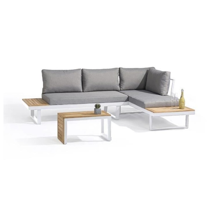 Salon de jardin modulable - Aluminium - DCB GARDEN - 4 places - TOKYO - Blanc et bois d'acacia