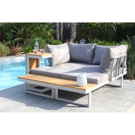 Salon de jardin modulable - Aluminium - DCB GARDEN - 4 places - TOKYO - Blanc et bois d'acacia