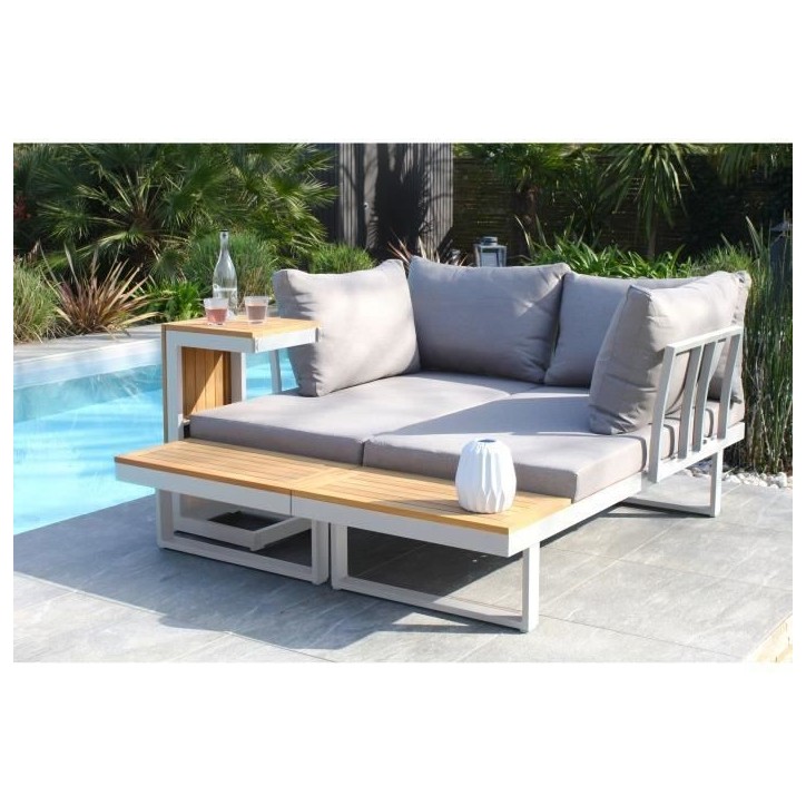 Salon de jardin modulable - Aluminium - DCB GARDEN - 4 places - TOKYO - Blanc et bois d'acacia