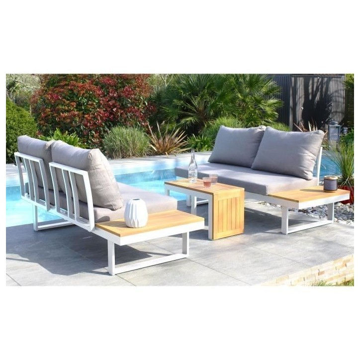 Salon de jardin modulable - Aluminium - DCB GARDEN - 4 places - TOKYO - Blanc et bois d'acacia