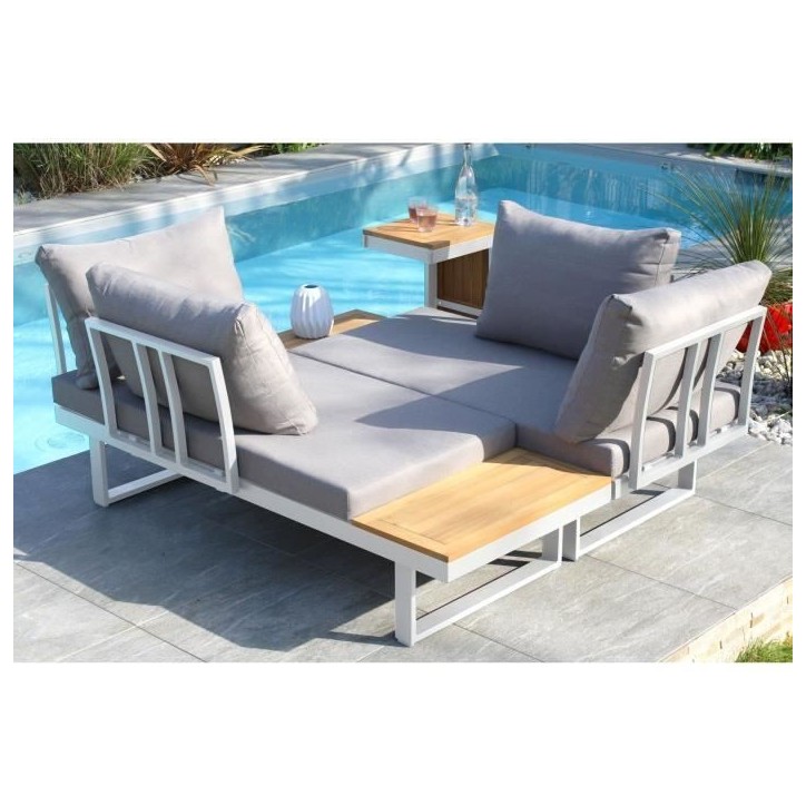 Salon de jardin modulable - Aluminium - DCB GARDEN - 4 places - TOKYO - Blanc et bois d'acacia