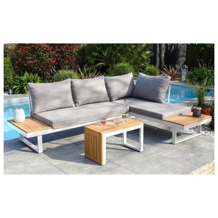 Salon de jardin modulable - Aluminium - DCB GARDEN - 4 places - TOKYO - Blanc et bois d'acacia