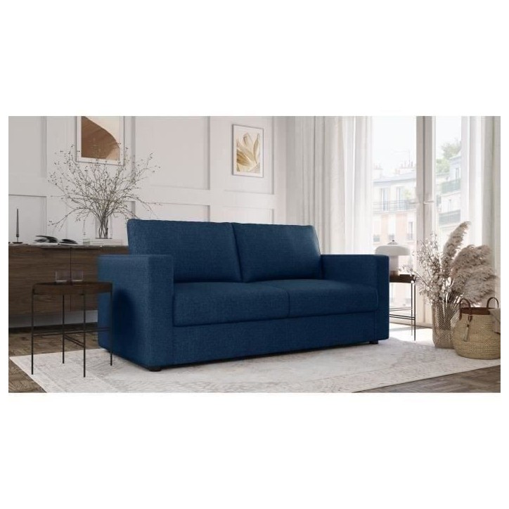 Canapé 3 places - Delta - Tissu Bleu - Convertible semi-express matelas 13cm - 190 x 92 x 90 cm