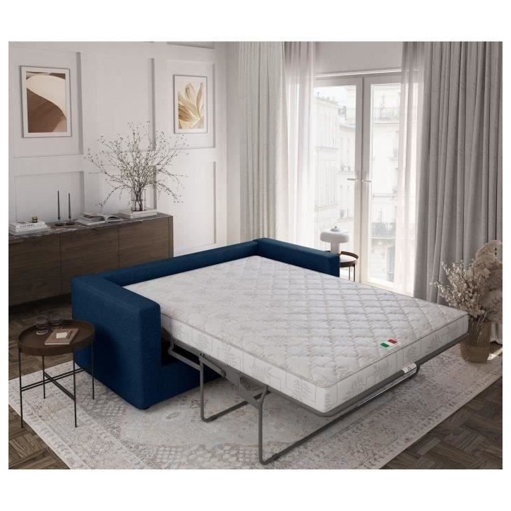 Canapé 3 places - Delta - Tissu Bleu - Convertible semi-express matelas 13cm - 190 x 92 x 90 cm