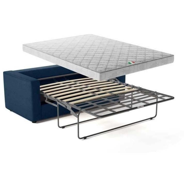 Canapé 3 places - Delta - Tissu Bleu - Convertible semi-express matelas 13cm - 190 x 92 x 90 cm