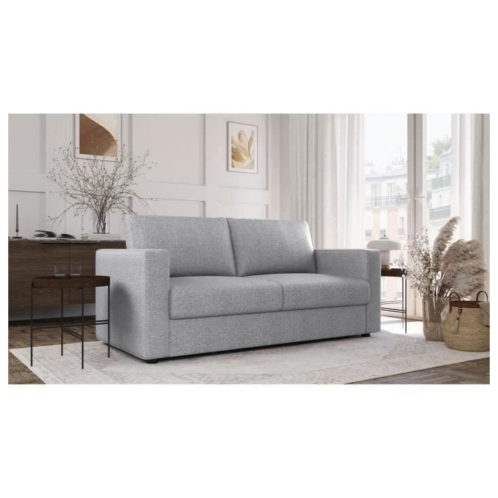 Canapé 3 places - Delta - Tissu Gris Clair - Convertible semi-express matelas 13cm - 190 x 92 x 90 cm