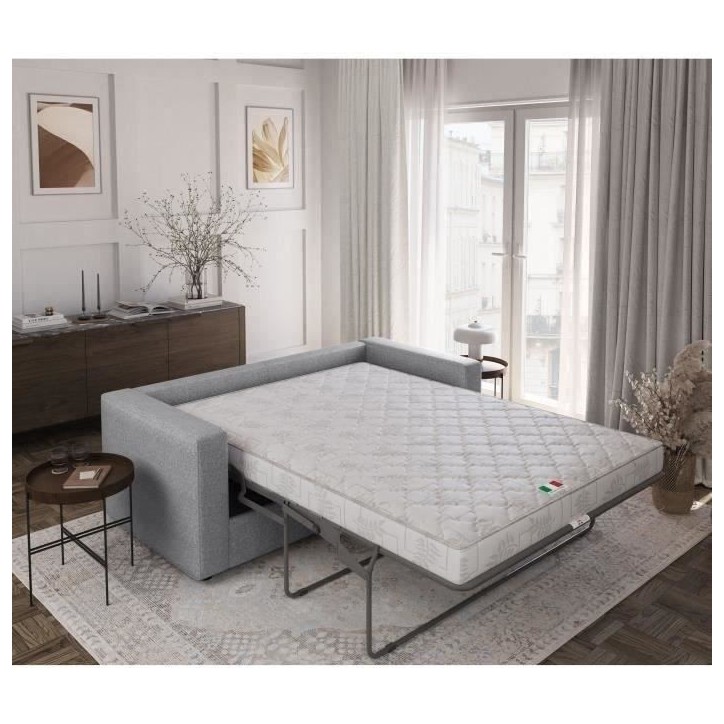 Canapé 3 places - Delta - Tissu Gris Clair - Convertible semi-express matelas 13cm - 190 x 92 x 90 cm