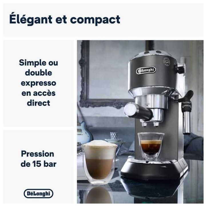 Machine expresso classique - DELONGHI - EC685.BK Dedica Style - Café moulu et dosettes ESE - 15 bars - 1L - Noir Machine expresso classique - DELONGHI - EC685.BK Dedica Style - Café moulu et dosettes ESE - 15 bars - 1L - Noir