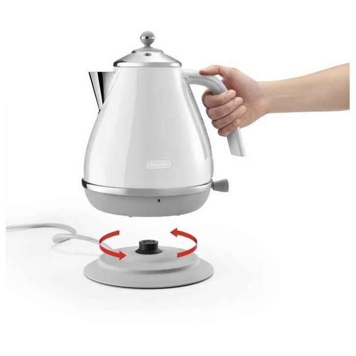 Bouilloire DELONGHI ICONA CAPITALS - 1,7L - Acier inoxydable - Base amovible et pivotante 360° - Filtre anticalcaire - Blanc Bouilloire DELONGHI ICONA CAPITALS - 1,7L - Acier inoxydable - Base amovible et pivotante 360° - Filtre anticalcaire - Blanc