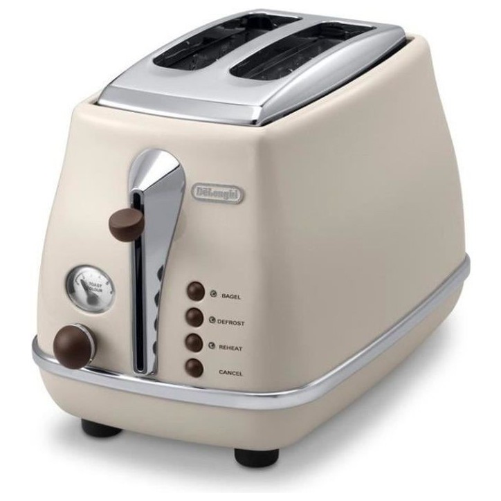 Grille pain - Delonghi - Icona Vintage - 2 tranches - 6 positions - Beige brillant / Base et poignée Chocolat Grille pain - Delonghi - Icona Vintage - 2 tranches - 6 positions - Beige brillant / Base et poignée Chocolat