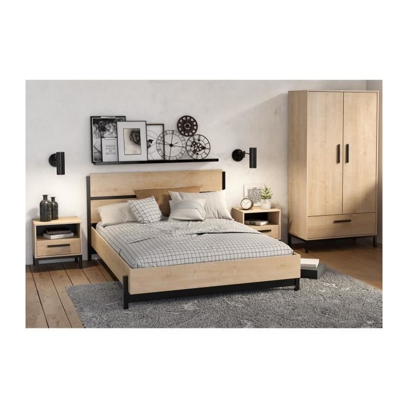 Ensemble lit adulte CRAFT 140x190/200 cm - 2 chevets + armoire - Méla Ensemble lit adulte CRAFT 140x190/200 cm - 2 chevets + armoire - Méla