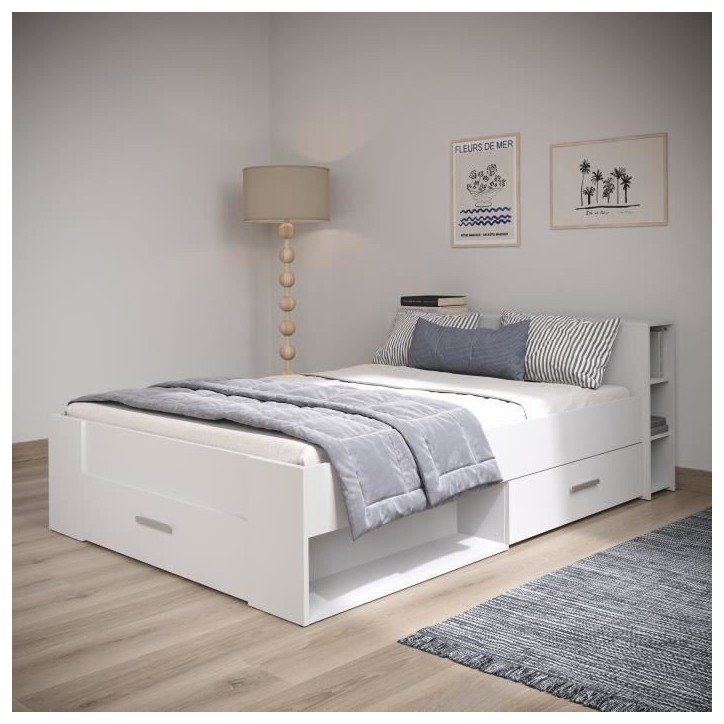 DEMEYERE Lit adulte contemporain blanc perle + tete de lit - l 160 x L 200 cm - OXYGENE DEMEYERE Lit adulte contemporain blanc perle + tete de lit - l 160 x L 200 cm - OXYGENE
