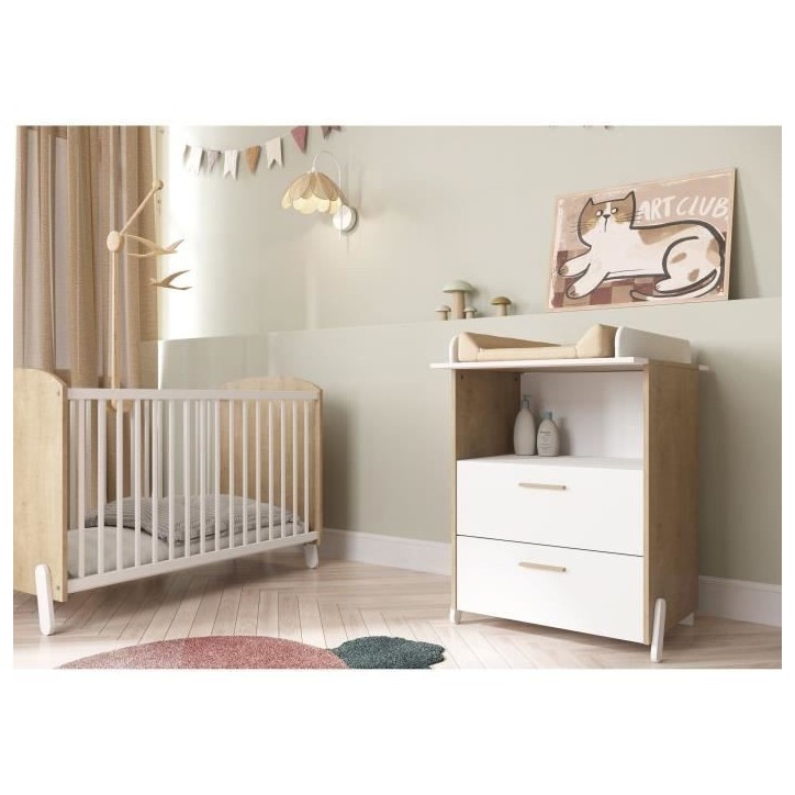 Ensemble duo 60 comprenant 1 lit a barreaux 60 x 120 cm & 1 commode a langer 2 tiroirs - NAILI - Hamilton / Blanc mat - DEMEYERE Ensemble duo 60 comprenant 1 lit a barreaux 60 x 120 cm & 1 commode a langer 2 tiroirs - NAILI - Hamilton / Blanc mat - DEMEYERE