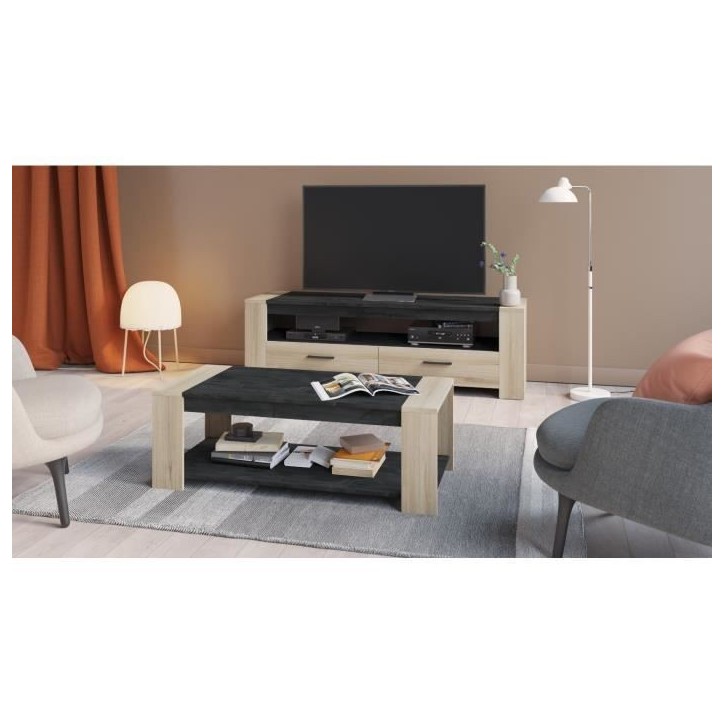 Ensemble salon SHEFFIELD composé de : Table basse double plateau supérieur et inférieur + Meuble TV 2 tiroirs - DEMEYERE Ensemble salon SHEFFIELD composé de : Table basse double plateau supérieur et inférieur + Meuble TV 2 tiroirs - DEMEYERE