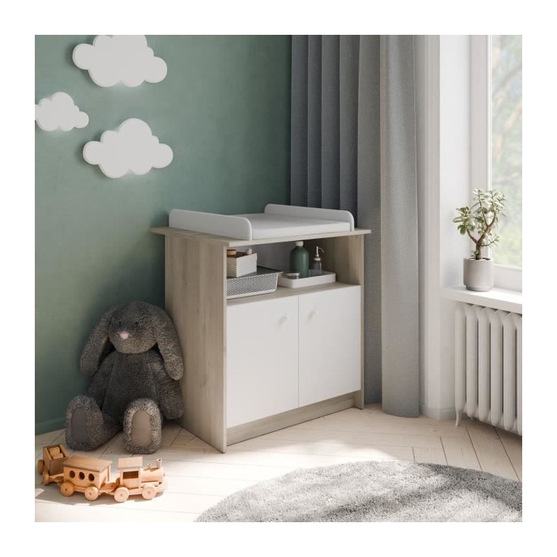 Commode a langer 2 portes, 1 niche - HELICIA - Blanc mat & Chene kronb Commode a langer 2 portes, 1 niche - HELICIA - Blanc mat & Chene kronb