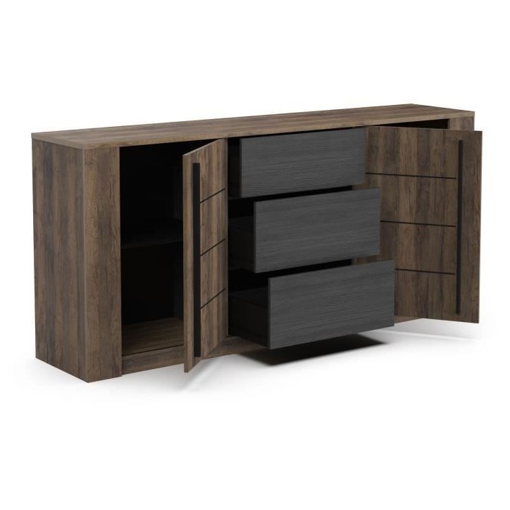 Enfilade MONACO - Décor chene et noir - 2 Portes + 3 Tiroirs - L206 x P44,9 x H94 cm - CBA MEUBLES Enfilade MONACO - Décor chene et noir - 2 Portes + 3 Tiroirs - L206 x P44,9 x H94 cm - CBA MEUBLES