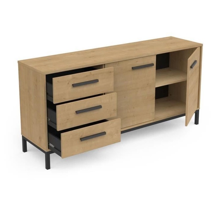 Enfilade 2 portes / 3 tiroirs - CRAFT - Chene Hamilton / Noir - 152 x 39,5 x 72,3 cm - DEMEYRE Enfilade 2 portes / 3 tiroirs - CRAFT - Chene Hamilton / Noir - 152 x 39,5 x 72,3 cm - DEMEYRE