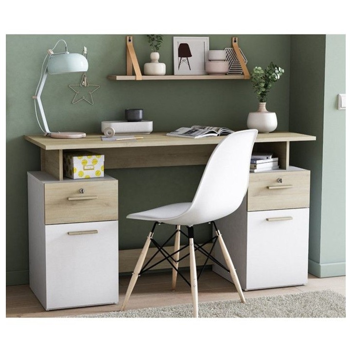 Bureau avec rangements - PLATON - Chene / blanc mat - L134,8 x P55 x H76,4 cm - DEMEYRE Bureau avec rangements - PLATON - Chene / blanc mat - L134,8 x P55 x H76,4 cm - DEMEYRE