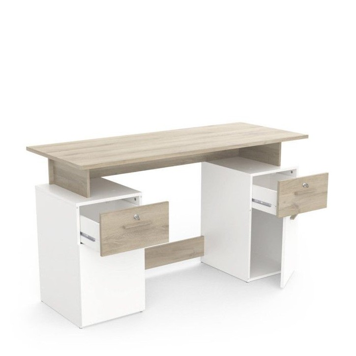 Bureau avec rangements - PLATON - Chene / blanc mat - L134,8 x P55 x H76,4 cm - DEMEYRE Bureau avec rangements - PLATON - Chene / blanc mat - L134,8 x P55 x H76,4 cm - DEMEYRE