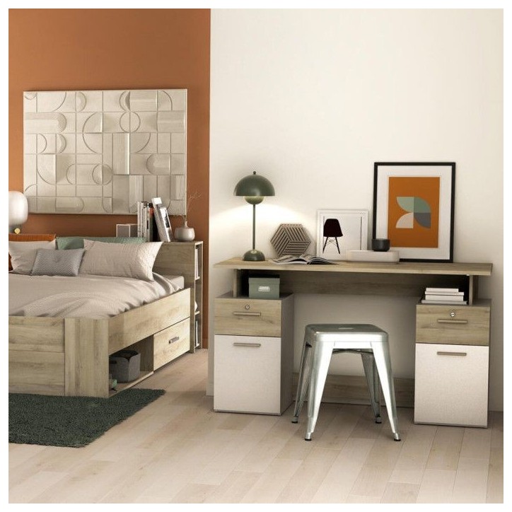 Bureau avec rangements - PLATON - Chene / blanc mat - L134,8 x P55 x H76,4 cm - DEMEYRE Bureau avec rangements - PLATON - Chene / blanc mat - L134,8 x P55 x H76,4 cm - DEMEYRE
