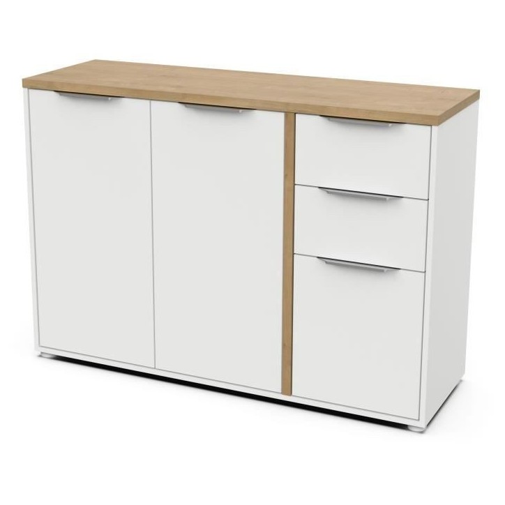 Enfilade ACCESS - 3 portes + 2 tiroirs - Décor chene Hamilton et Blanc - L 121,5 x P 39,6 x H 85,6 cm - DEMEYERE Enfilade ACCESS - 3 portes + 2 tiroirs - Décor chene Hamilton et Blanc - L 121,5 x P 39,6 x H 85,6 cm - DEMEYERE
